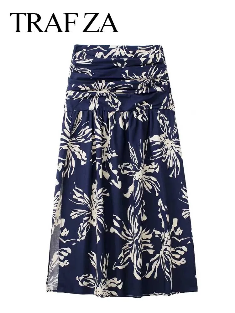 

TRAF ZA Elegant Summer Women's Long Skirt Print Side Slit Slim Sexy High Waist Fold Retro Temperament Ladies Skirt Street Daily
