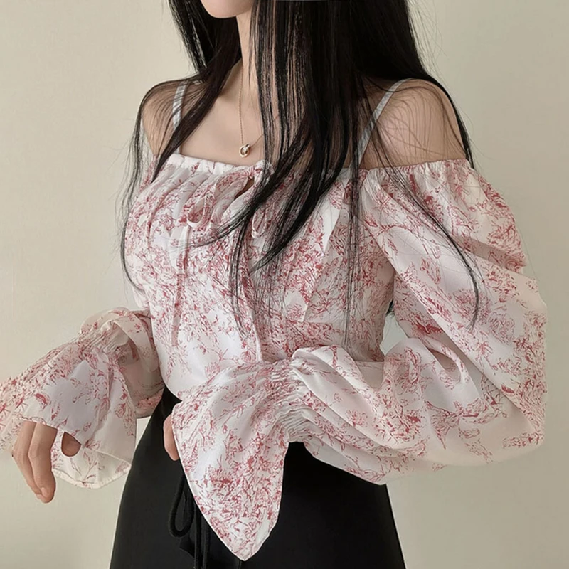 Женские рубашки и блузки Matakawa со шнуровкой принтом милая блузка с пышными