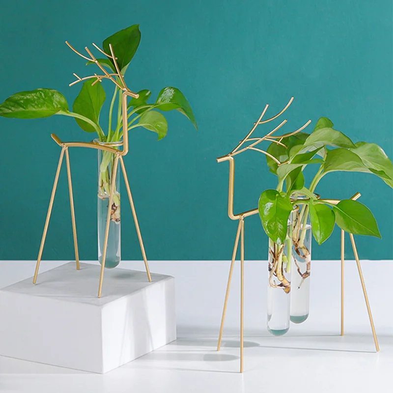 

Fawn Bracket Glass Tube Hydroponic Vase Iron Metal Transparent Vase Jardiniere Flower Pot Desktop Ornaments Home Decor