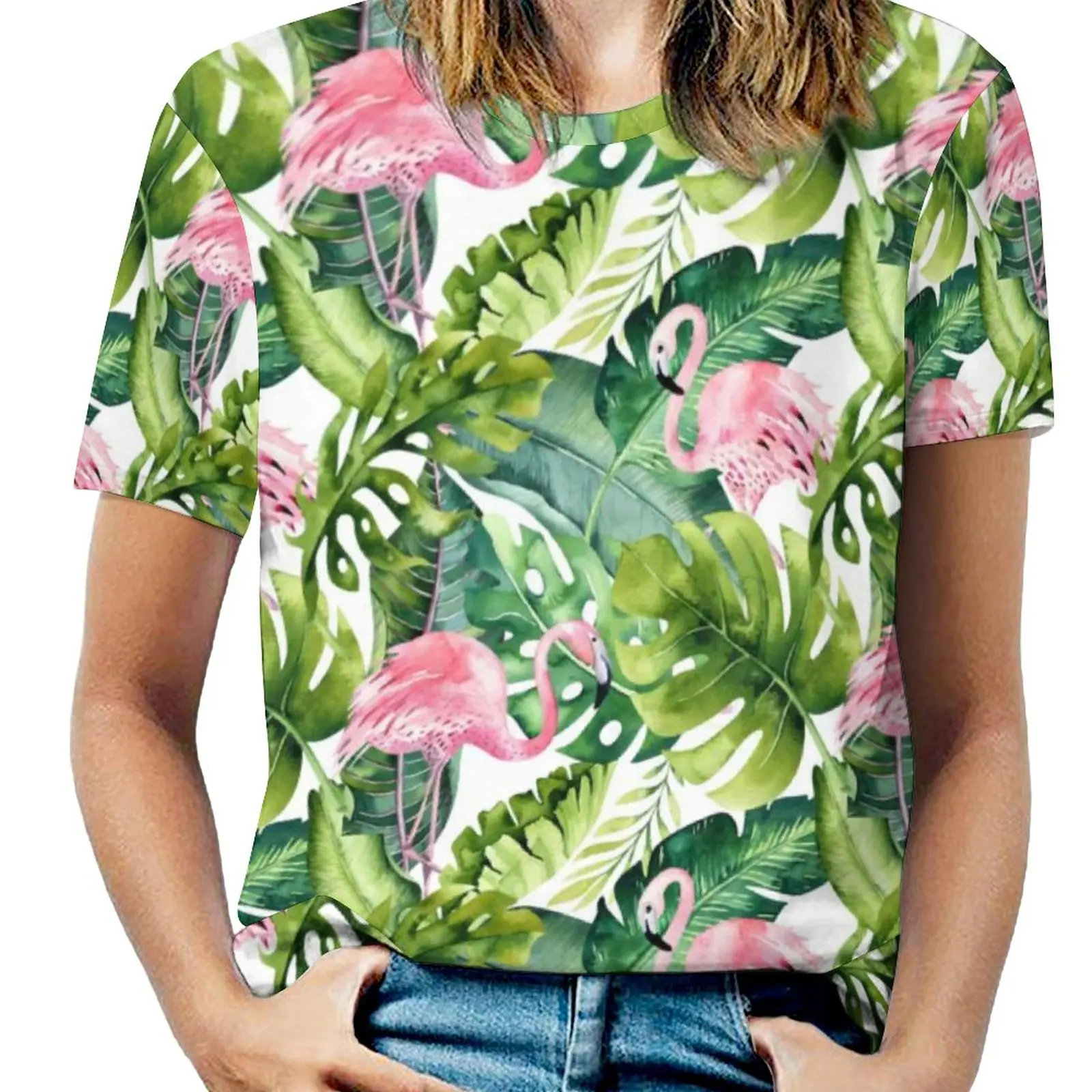 

Pink Flamingo Pattern T Shirts Chic Tropical Leaves Street Fashion T-Shirt Short Sleeve Funny Tees Beach Printed Clothes Gift