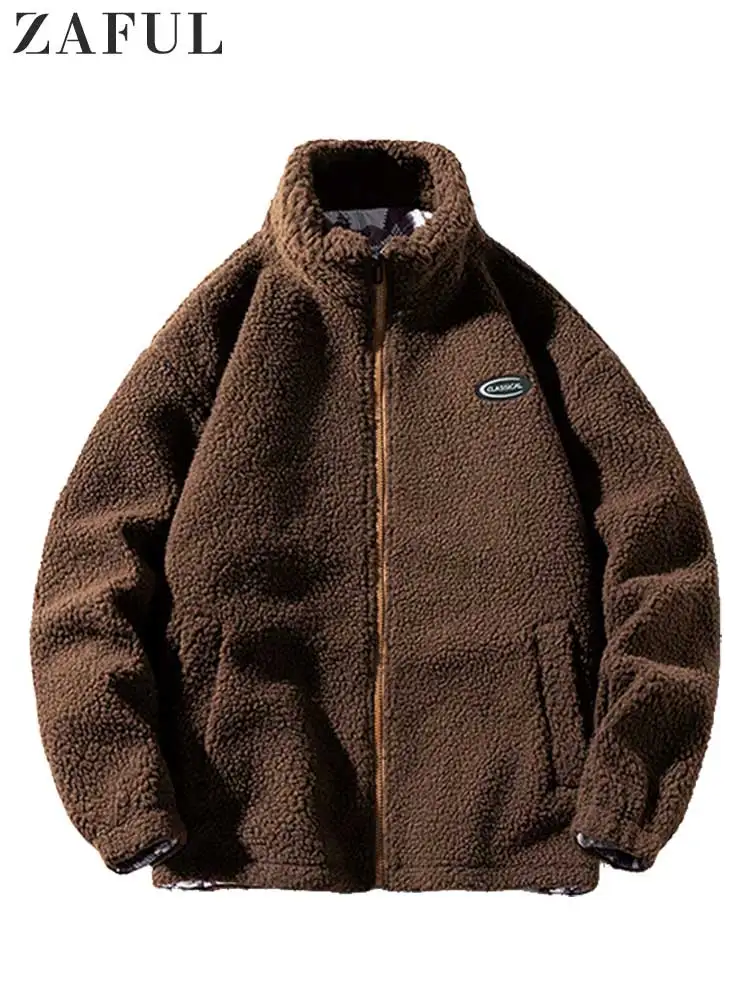 

ZAFUL Fluffy Fleece-lined Jacket for Men Hip Hop Winter Streetwear Unisex Fuzzy Coat Harajuku Solid Lightweight Zipper Outerwear