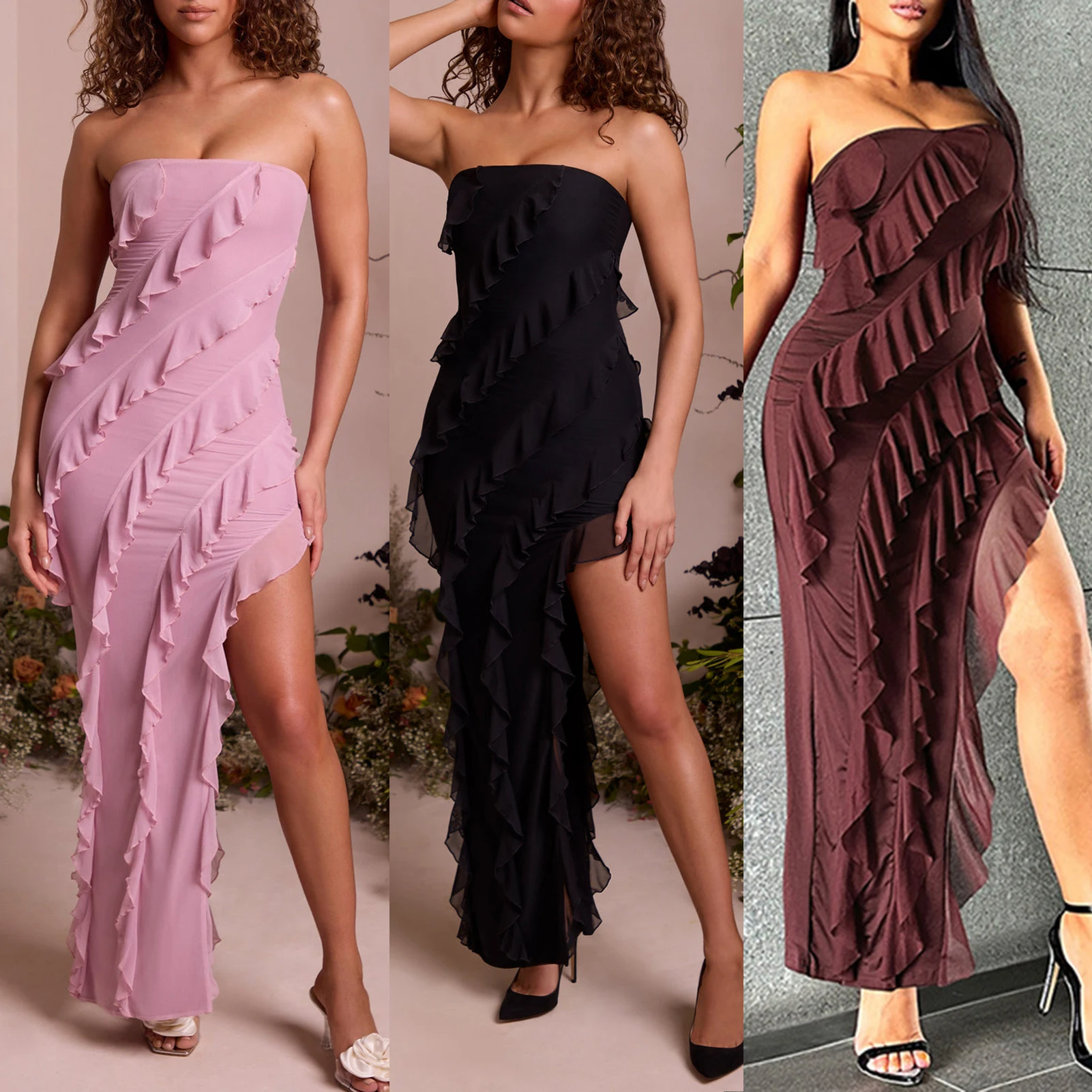 

Off Shoulder Ladies Strapless Long Dress Women Bodycon Maxi Dresses Side Slit Fringed Elegant Robe Asymmetrical Party Outfit