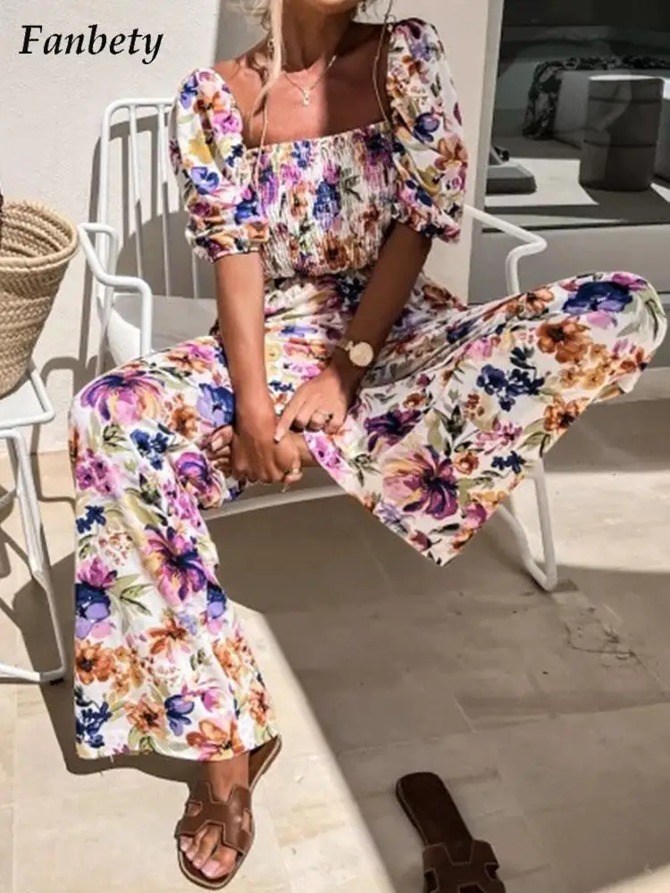 

Women Sexy Square Collar Jumpsuit 2022 Summer Fashion High Waist Playsuit Ladies New Casual Puff Shoulder Beach Romper Overalls