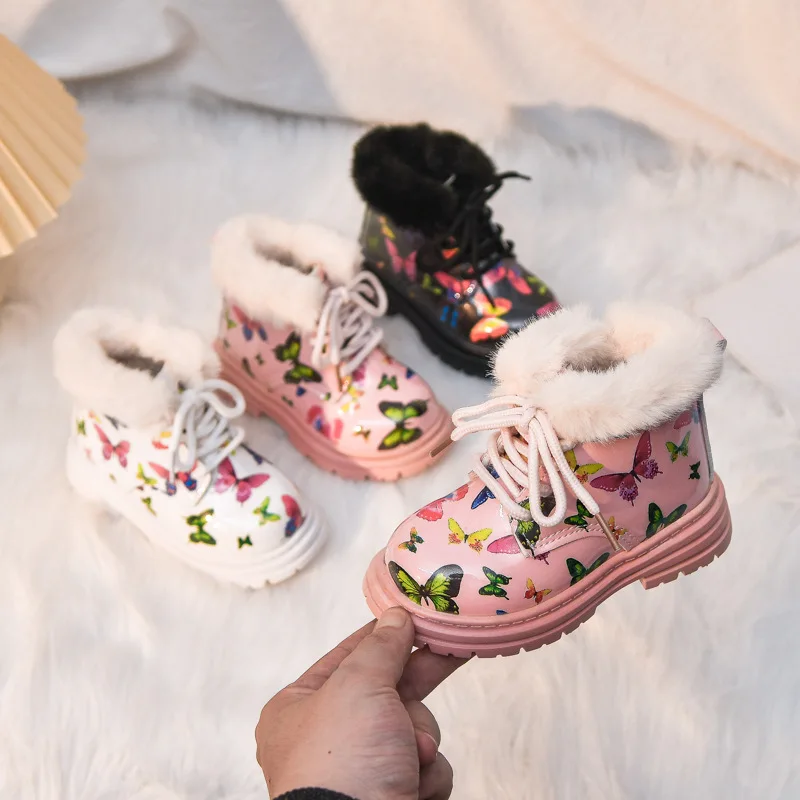 Girls' Boots 2024 Winter New Butterfly Print Baby Short Fashion Thicken Plush Children Ankle Warm Kids Cotton Shoes