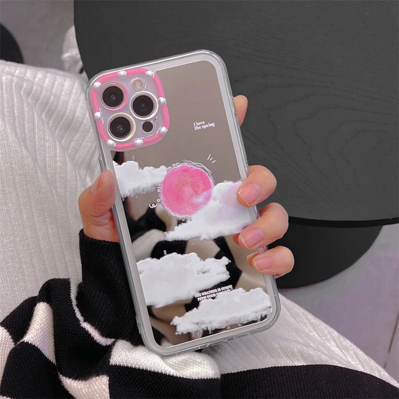 

Polka Dots Frame Mirror Makeup Cloud Cover Pink Sunset Sweet Anti-drop For iphone 11 12 13 Pro Max XR X Xs Max 7 8 P Phone Case