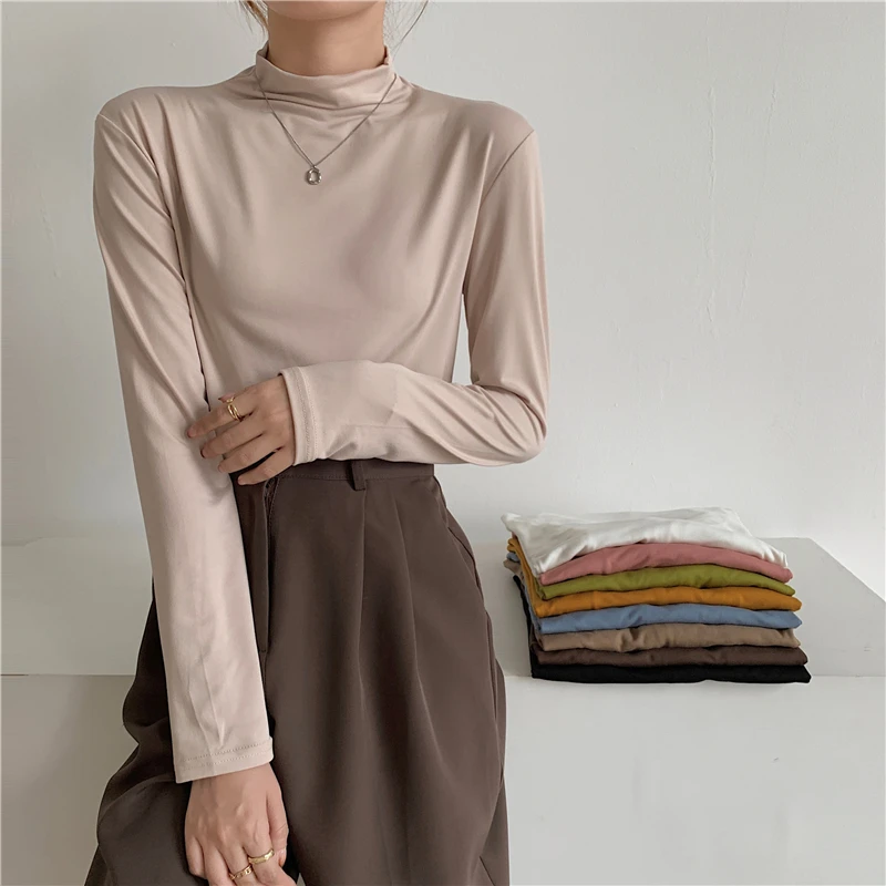 

MEXZT Women Harajuku Half Turtleneck T-shirts Fall Fashion Slim Long Sleeve Solid Y2k Top Vintage Korean Female Casual Shirts