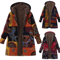 winter womens plush fluffy casual hooded long sleeve warm coat plus size retro printed coat