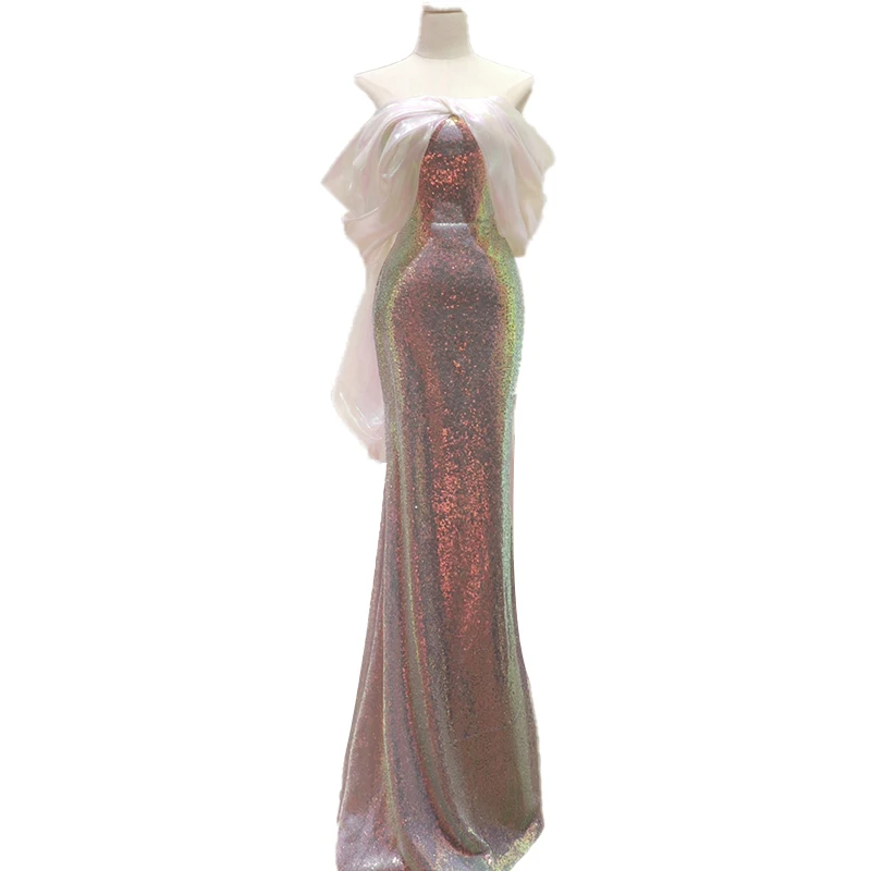 High Quality Luxury Chiffon Bow Sleeve Evening Prom Dress Sparkling Bling Sequin Zipper Wedding Mermaid Party Formal Dresses