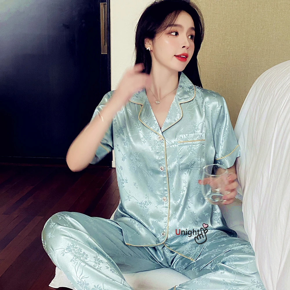 Большие размеры женские брюки с коротким рукавом пижамы шелковые атласные