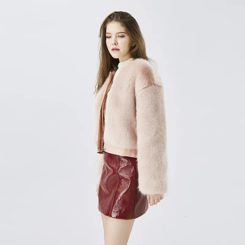 Women's winter jacket 2022 Elegant Luxury Faux Fox Fur Coat for female pink short top High Quality warm zipper jackets lady