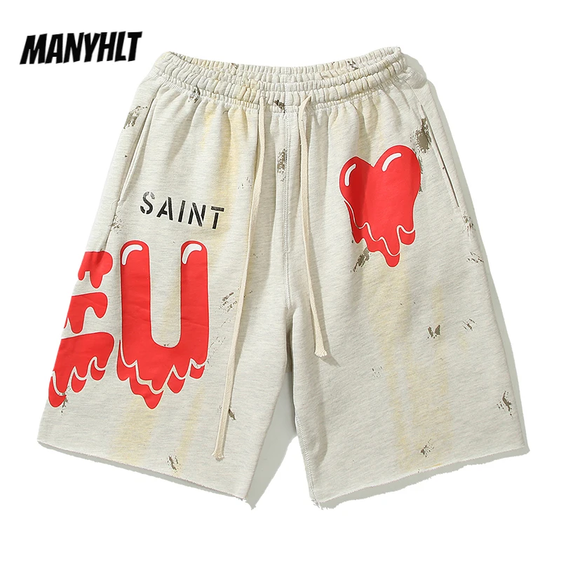 

Harajuku Hip Hop Summer Love Print Painted Shorts Men and Women Drawstgring Joggers Washed Oversized Casual Five-point Pants