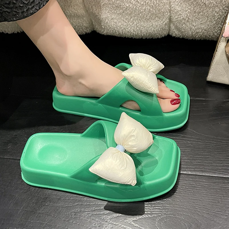 

Shoes Woman 2023 Butterfly-Knot Slippers Casual Med Square Toe Platform Shale Female Beach Luxury Sabot Flat Summer Fashion Butt