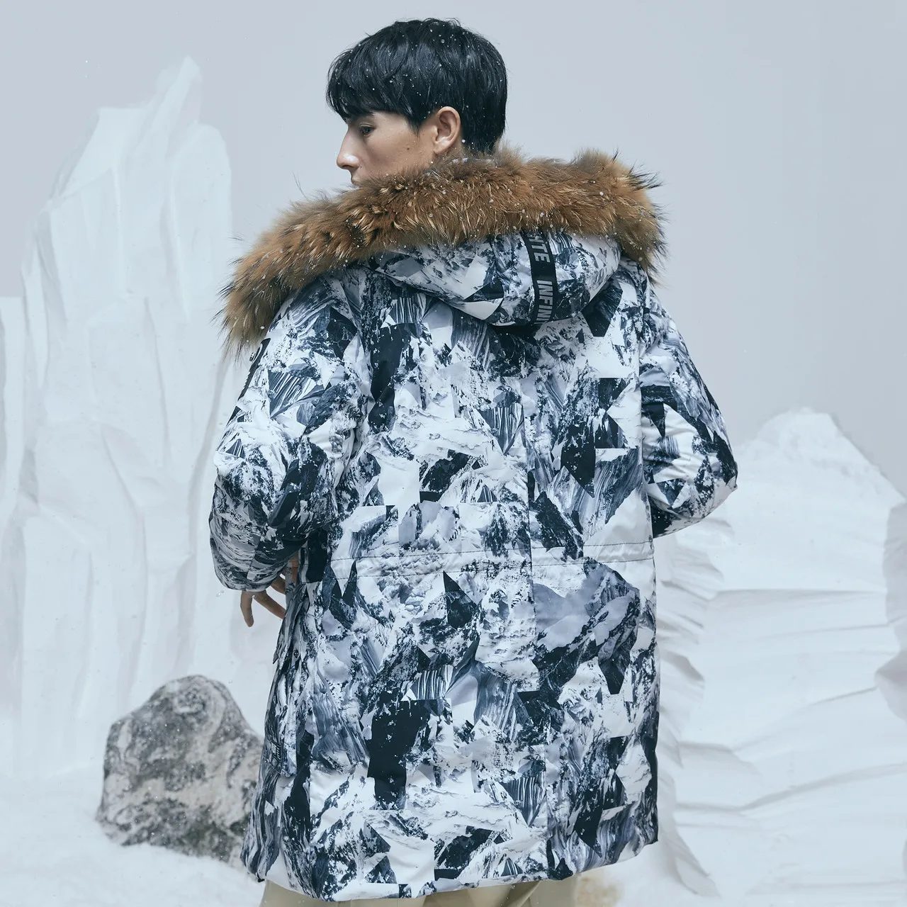 Metersbonwe Polar Series Men's Winter Warm Down Jacket 80% Gray Hooded Duck Down Raccoon Hair Man Hat Brim Down Coat