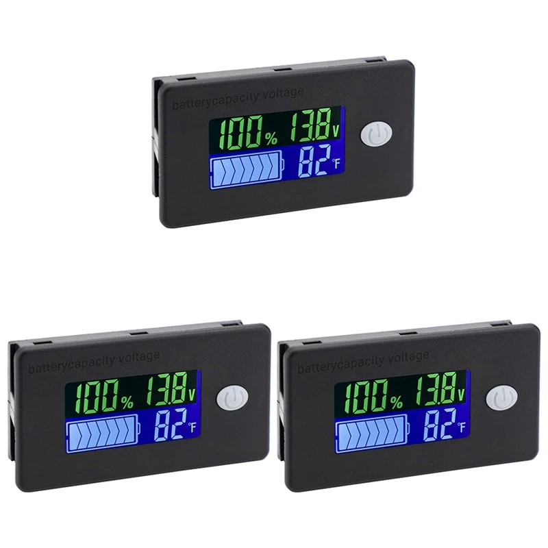 

3X Battery Capacity Monitor,10-100V Battery Meter, 12V 24V 48V Percentage Voltage Fahrenheit Temperature Indicator Meter