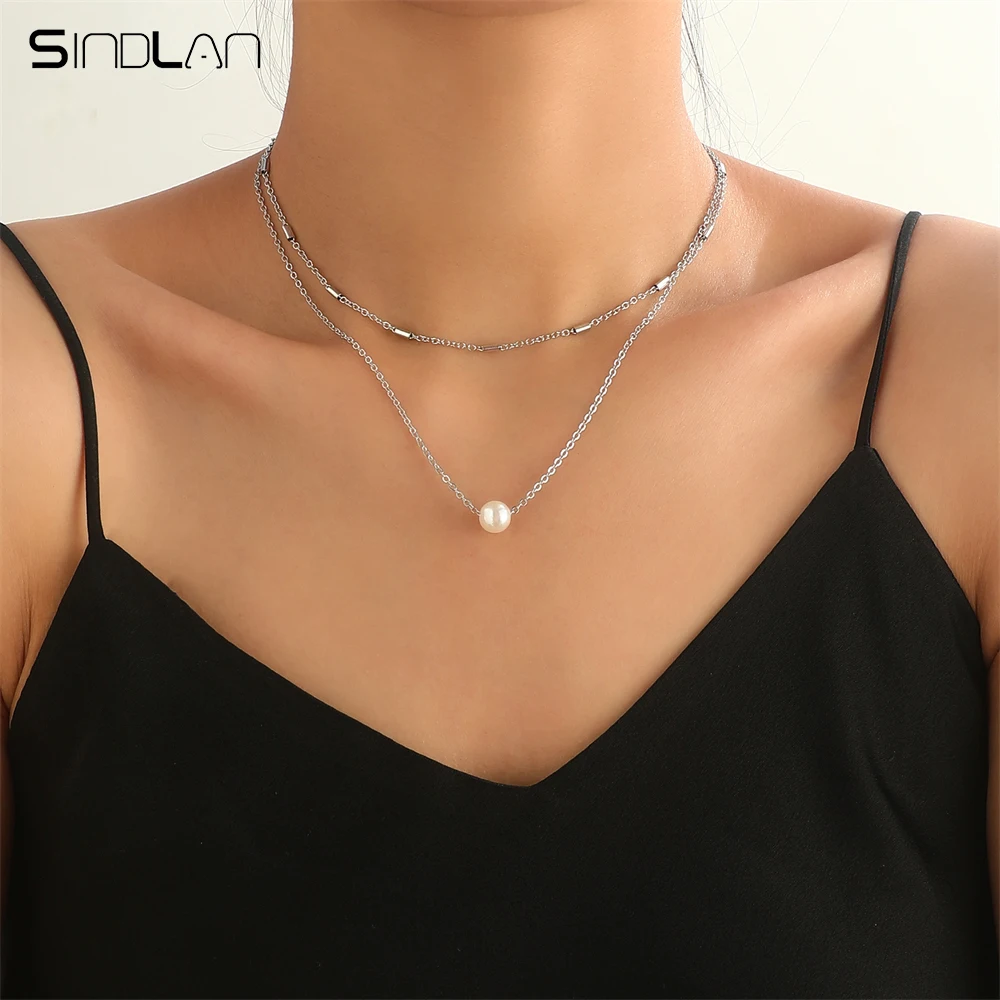 

Sindlan Double Layer Vintage Silver Color Pendant Necklace for Women Boho Pearl Chain Set Female Charms Jewelry Collar Mujer