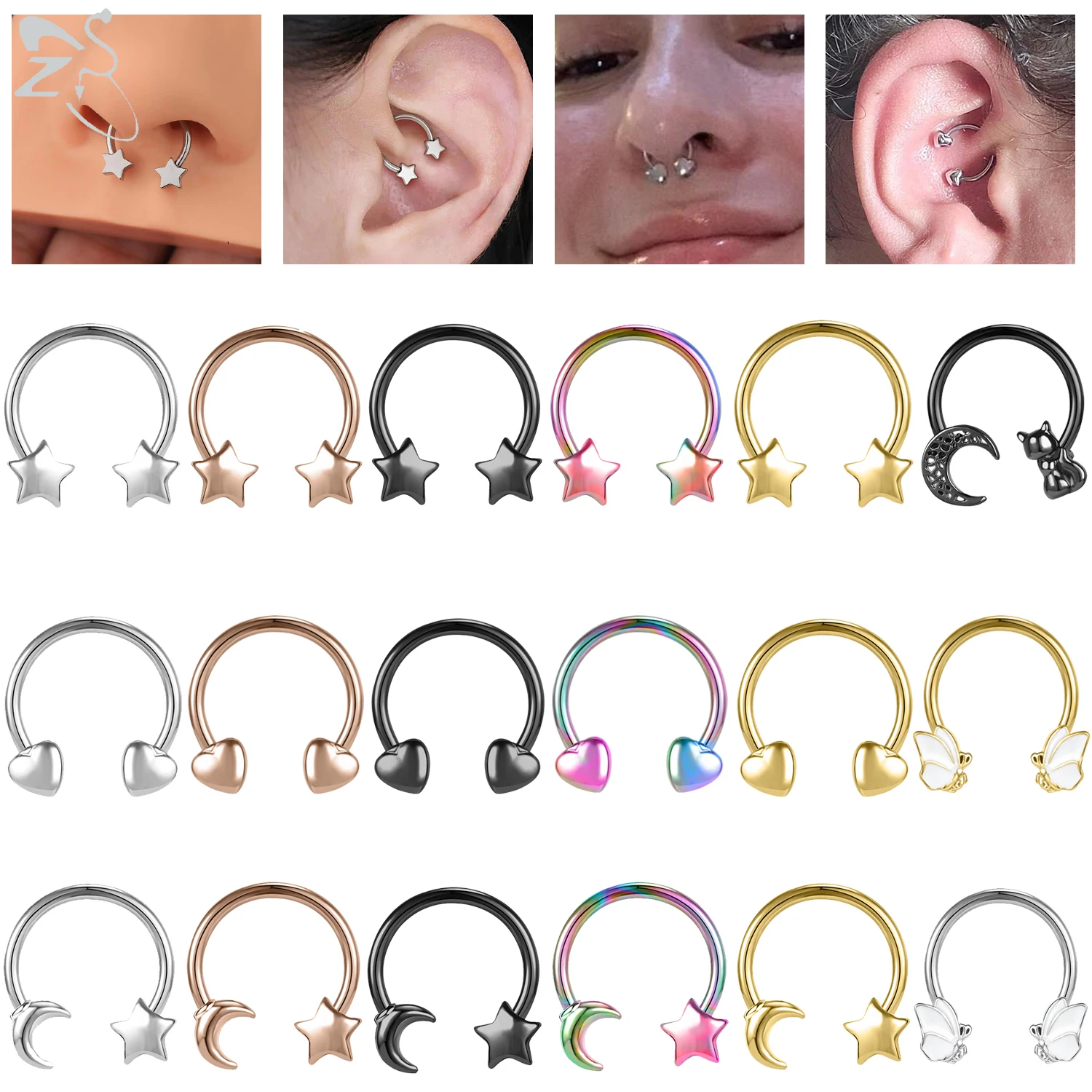 

ZS 1PC 16G Star Heart Septum Ring Stainless Steel Nose Piercing Circular Barbell Cartilage Earring Tragus Helix Hoop Piercings