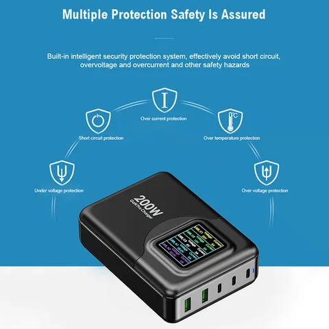 MEAOWXVA 200 Вт GaN Зарядное устройство с дисплеем PD100W USB C Настольный ноутбук Быстрое зарядное устройство Адаптер для iPhone Samsung MacBook Зарядное устройство для телефона