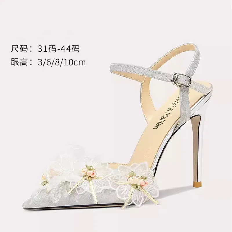 

Spring/Summer New Pointed Sequin Lace Flower Sandals with Thin High Heels Banquet Dress Versatile Large and Small Women's Shoes