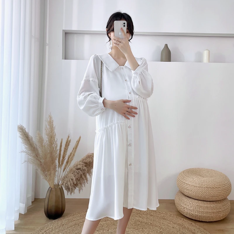 

8907 #2022 весеннее корейское модное белое шифоновое платье для беременных шикарная свободная одежда трапециевидной формы для беременных женщ...