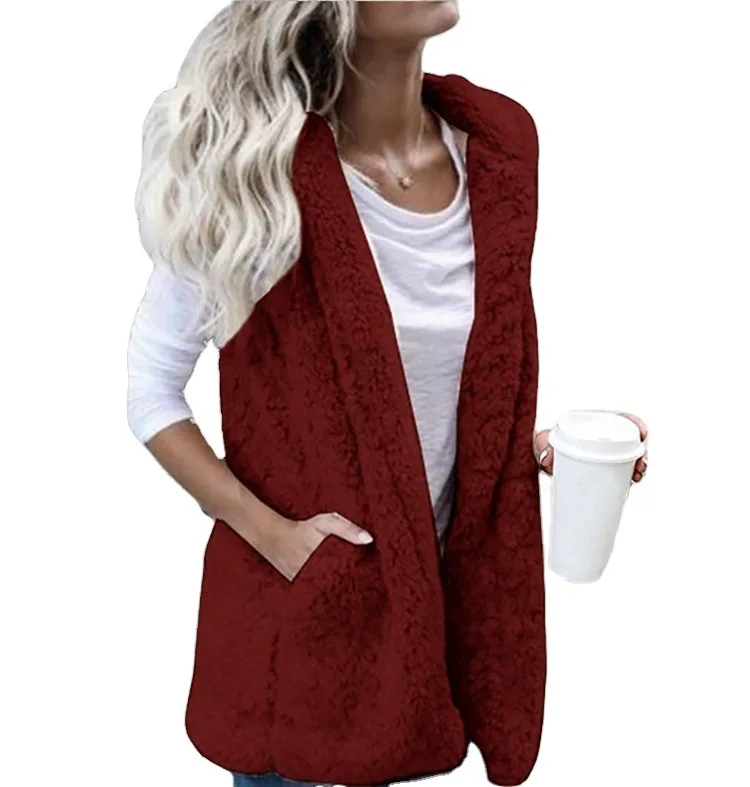 Autumn Winter plus Size Women's Clothing Fashion Solid Color Sleeveless Hooded Pocket Waistcoat Furry Vest