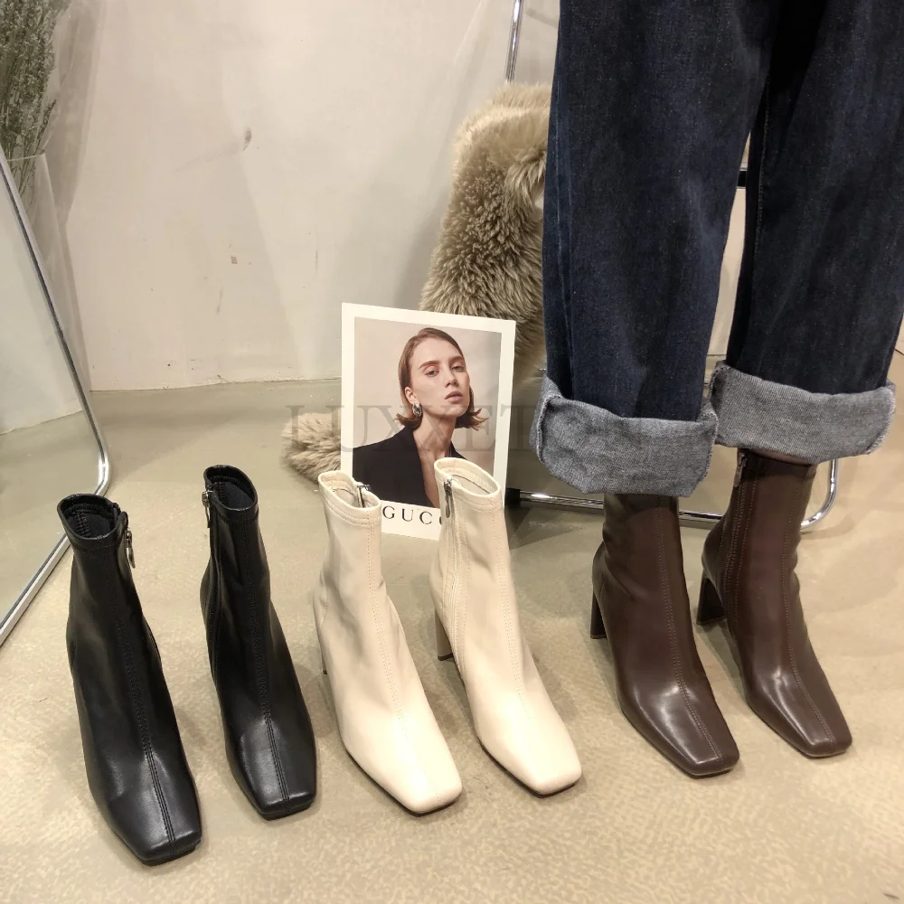 New Soft Peather Leather Women Ankle Boots Fashion Ladies Square High Heel Zipper Chelsea Short Boots Dress Pumps