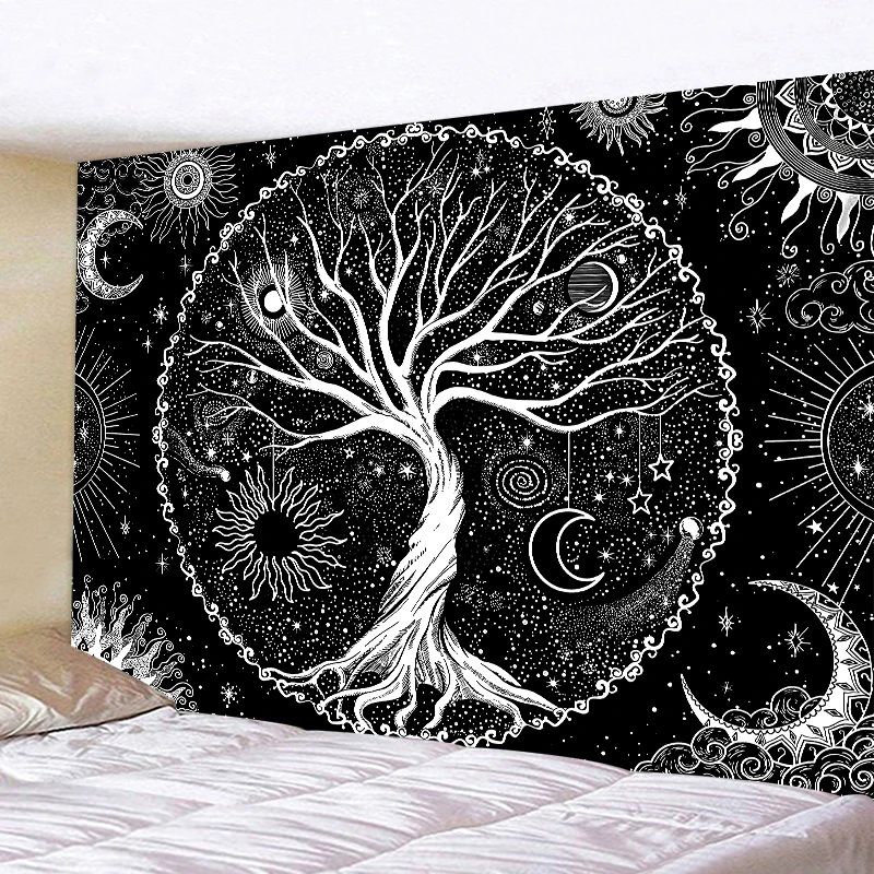 

Tapiz de Mandala Luna blanco y negro para decoración Bohemia, colgante de pared psicodélico con luz de estrellas, tela de pared