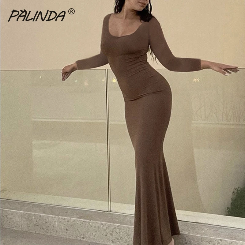 

Розовый Однотонный сарафан с квадратным вырезом, летнее сексуальное Макси-платье 2022, вечерняя Клубная одежда с длинным рукавом, Повседневн...