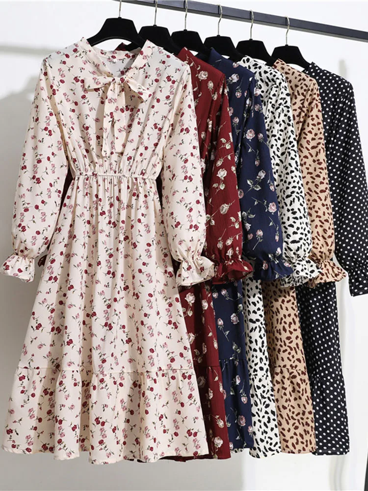 2022 Floral Print Women Dress Female Autumn Long Sleeve Vintage Chiffon Bow Tie Neck Office Lady Shirt Dress Summer Vestidos
