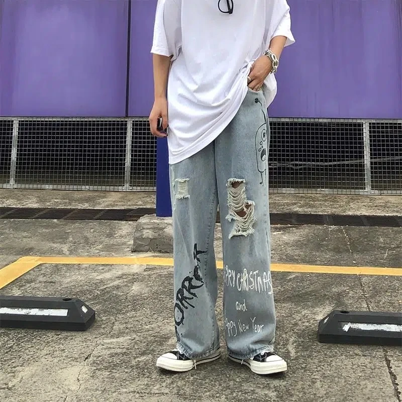Y2k Men Korean Streetwear Harajuku Vintage Jeans Graffiti Wide Leg Baggy Straight Denim Pants Cartoon Grunge Trousers Clothes