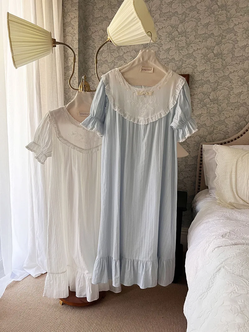 Women Pure Cotton Ruffles Spring Autumn Retro Vintage Princess Nightdress Sweet Home Pajama Lace Fairy Victorian Sleepwear