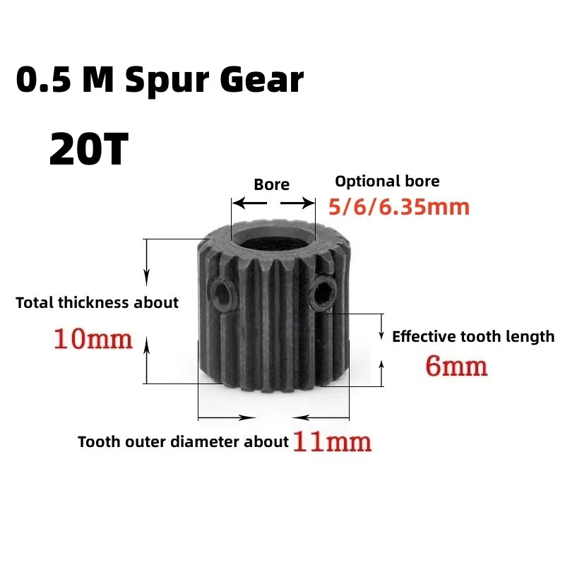 1Pcs 0.5 Mod Spur Gear 20 Teeth Bore 5/6/6.35mm 0.5M 45# Steel Motor Gear Blackened Spur Gear Pinion DIY Accessories