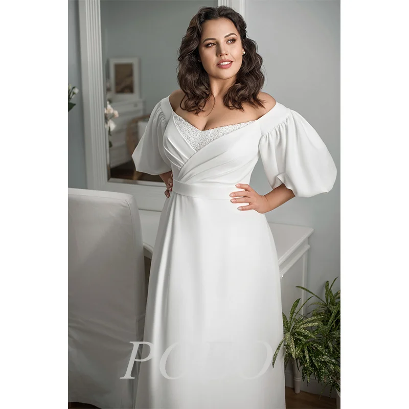 

POEO Plus Size Elegant Wedding Dresses V- Neck A-Line Banquet Soft Lantern sleeve Floor-Length Robe De Mariée