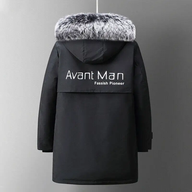 Winter down jacket casual plush long hooded large fur collar men's thick white duck down coat