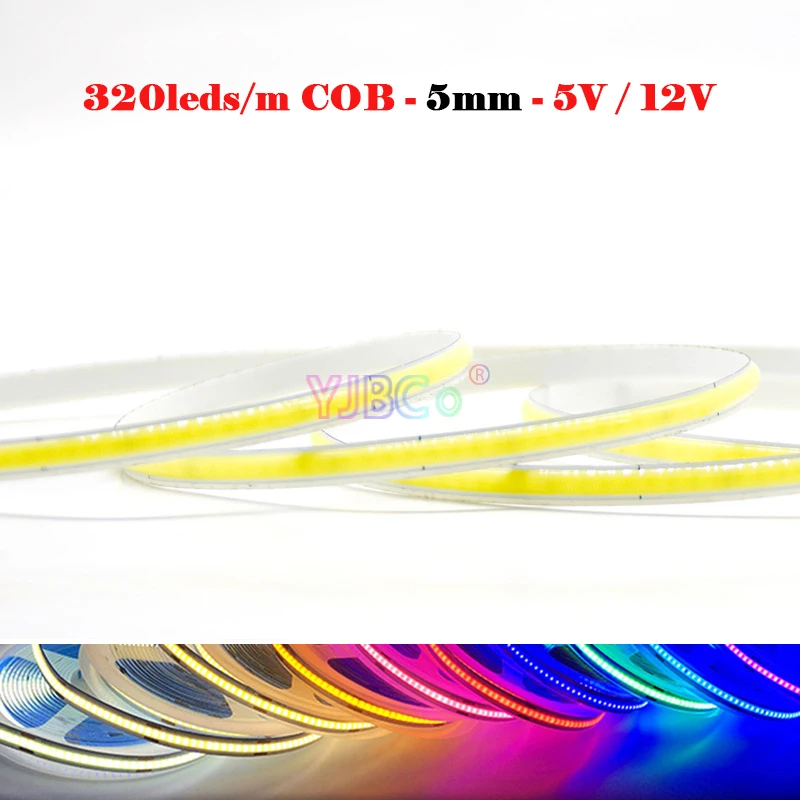 5M/lot Narrow 5mm PCB single color COB LED Strip 5V 12V 320LEDs White/Warm white/Natural White/Blue/Red/Green Soft Lights Tape