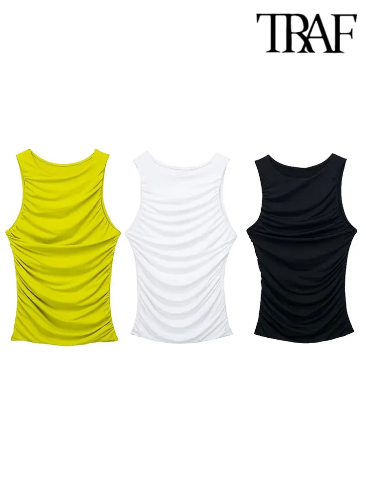 

TRAF 2023 Summer Crop Top Women Ruched Sleeveless Tank Top Y2k Streetwear Sexy Tops Woman Fashion Beach Going Out Tops