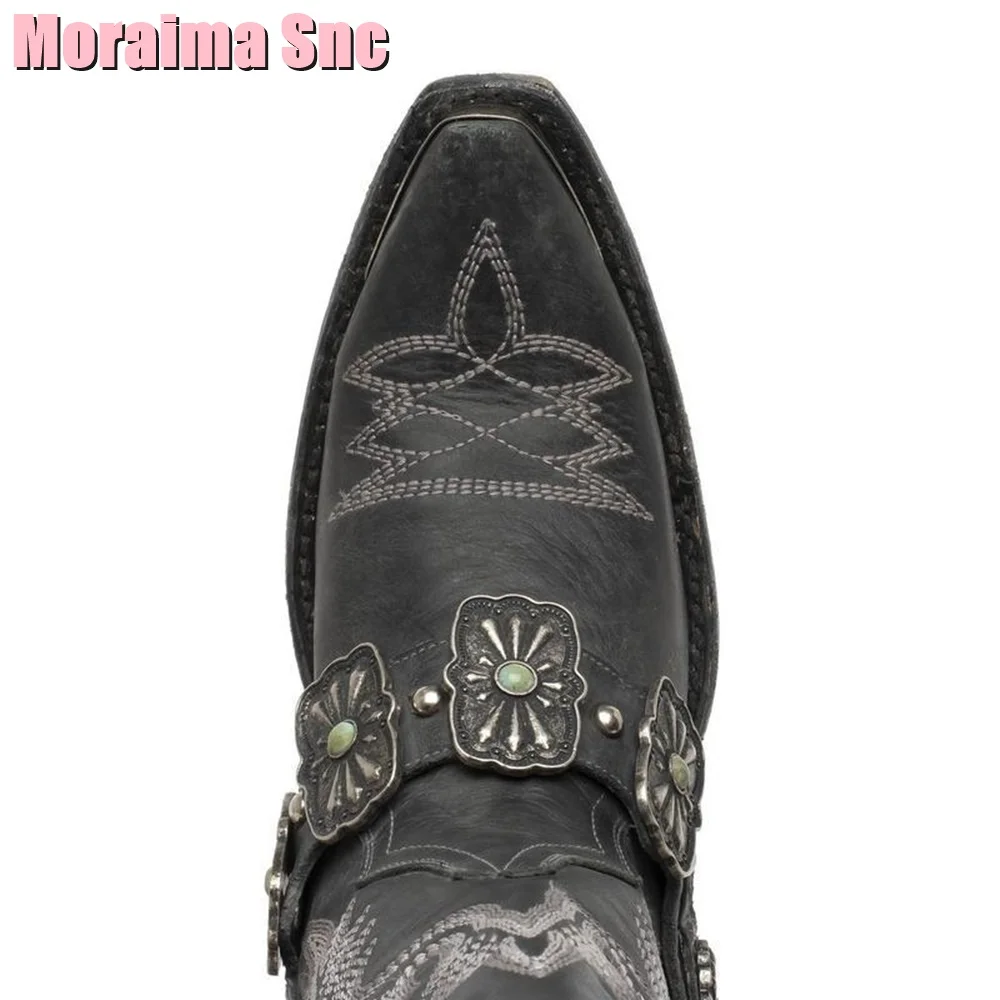 Pointed Toe Belt Buckle Rivet Cowboy Boots Vintage Style Embroidery Women Long Boots Block Heel Side Zipper Black Solid Fashion