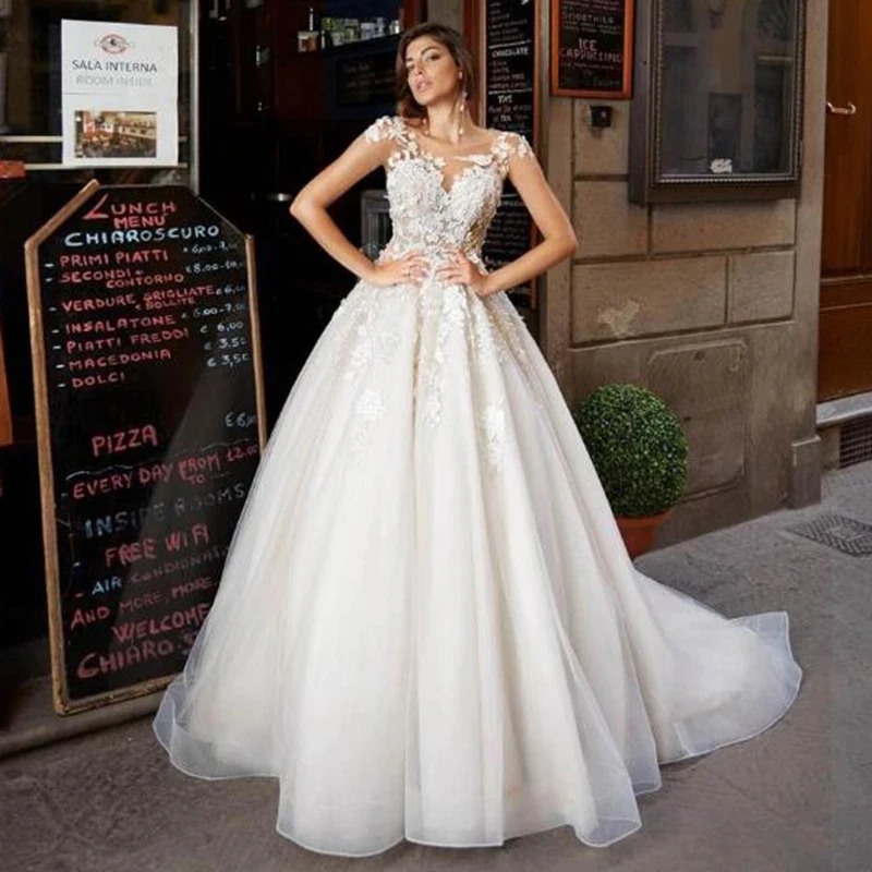 

Kejiadian Tulle A Line Wedding Dresses Short Sleeves Lace Appliqued Princess Ruffles Wedding Gown 2021 African Bridal Dress