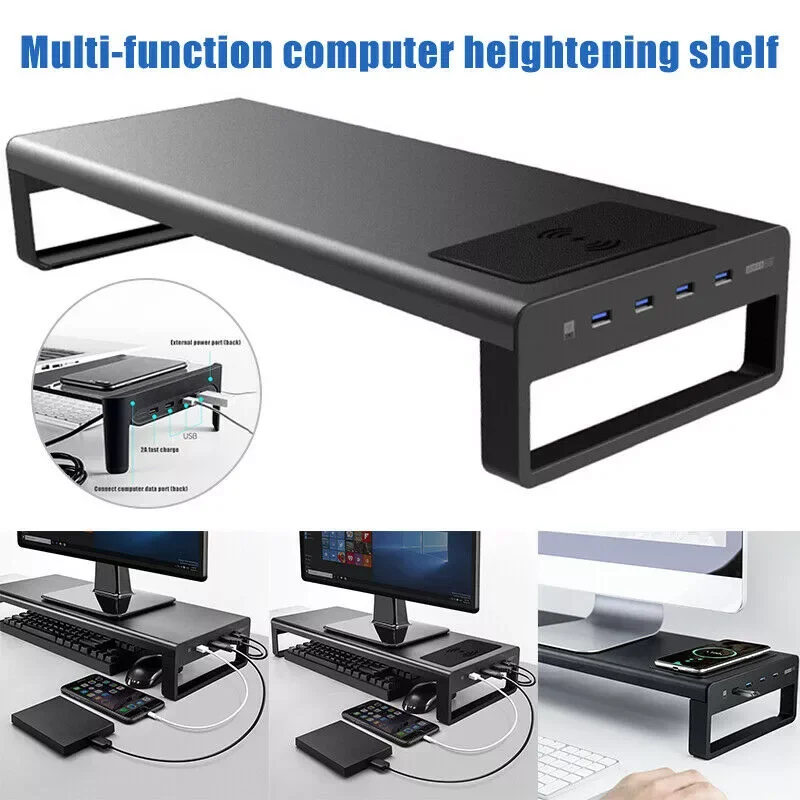 

NEW2023 New Monitor Stand Riser Wireless Charger Base Holder Aluminum Computer Laptop Desktop Base Stand with USB 3.0 and 4 Port