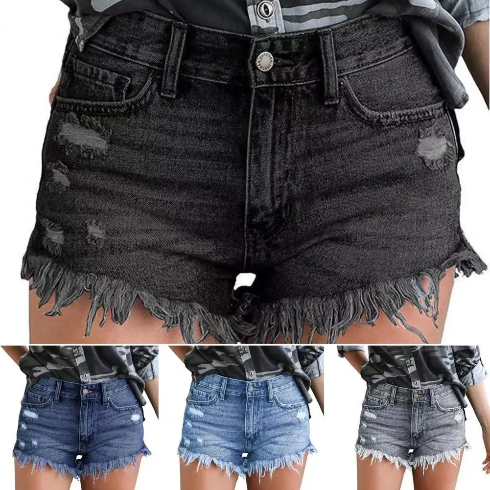 

Soft Stylish Tassels Ripped Holes Summer Shorts Button Zipper Fly Summer Shorts Elastic Streetwear