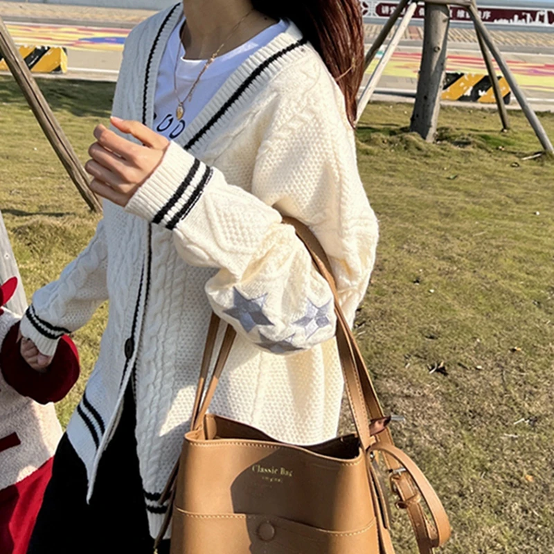 Женский винтажный однобортный Кардиган свободный трикотажный свитер с длинным