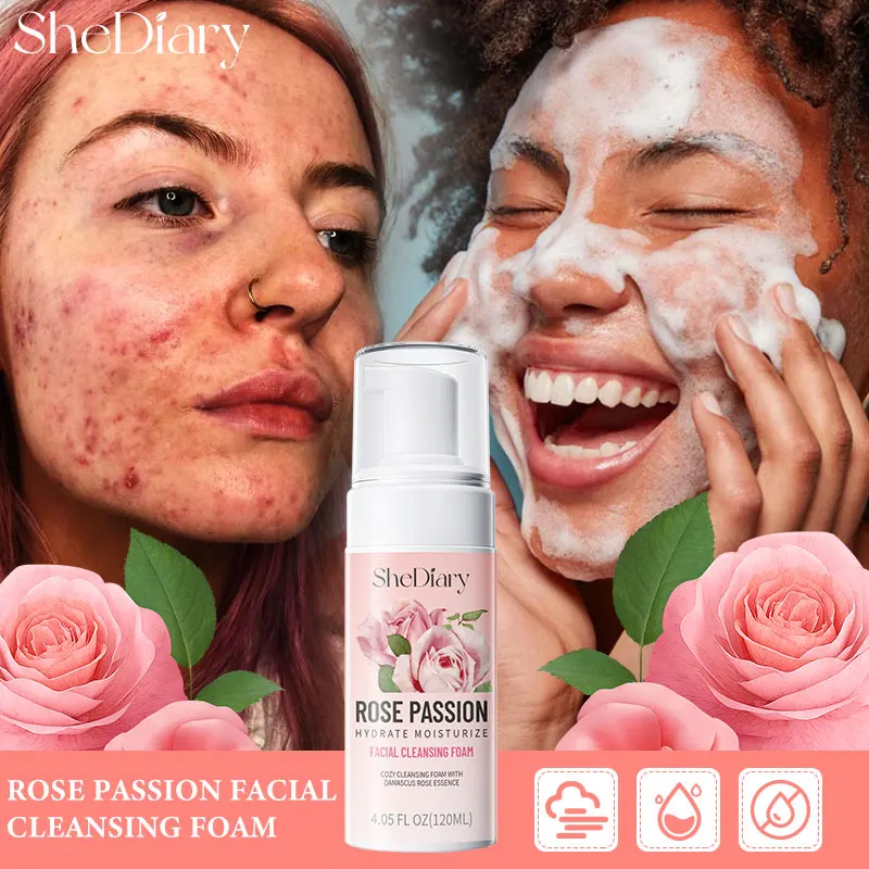 

120ml Facial Cleanser for Woman Pore Cleaning Rose Cleansing Mousse Acne Treatment Bubble Skincare Whitening Moisturizing Care