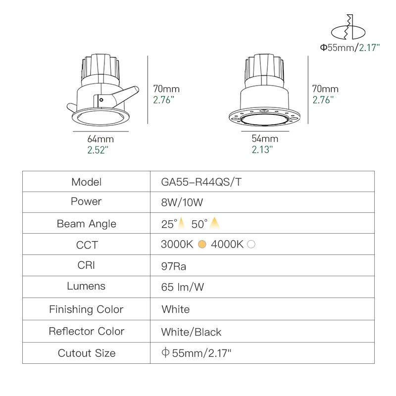XRZLux ETL COB Вниз светильник с регулируемой яркостью Светодиодный круглый точечный
