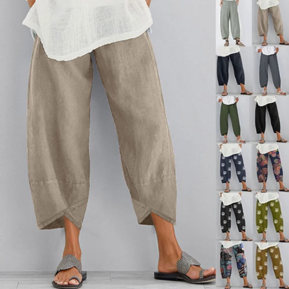 

Casual Cotton Linen Wide Leg Pants Women Loose Comfort Elastic Waist Harem Pants Vintage Solid Summer Cropped Pants Trousers
