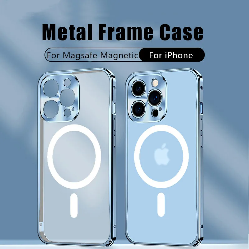 

Luxury Magnetic Wireless Charging Aluminum Metal Bumper Case For iPhone 14 13 12 11ProMax Matte Transparent Lens Protector Cover