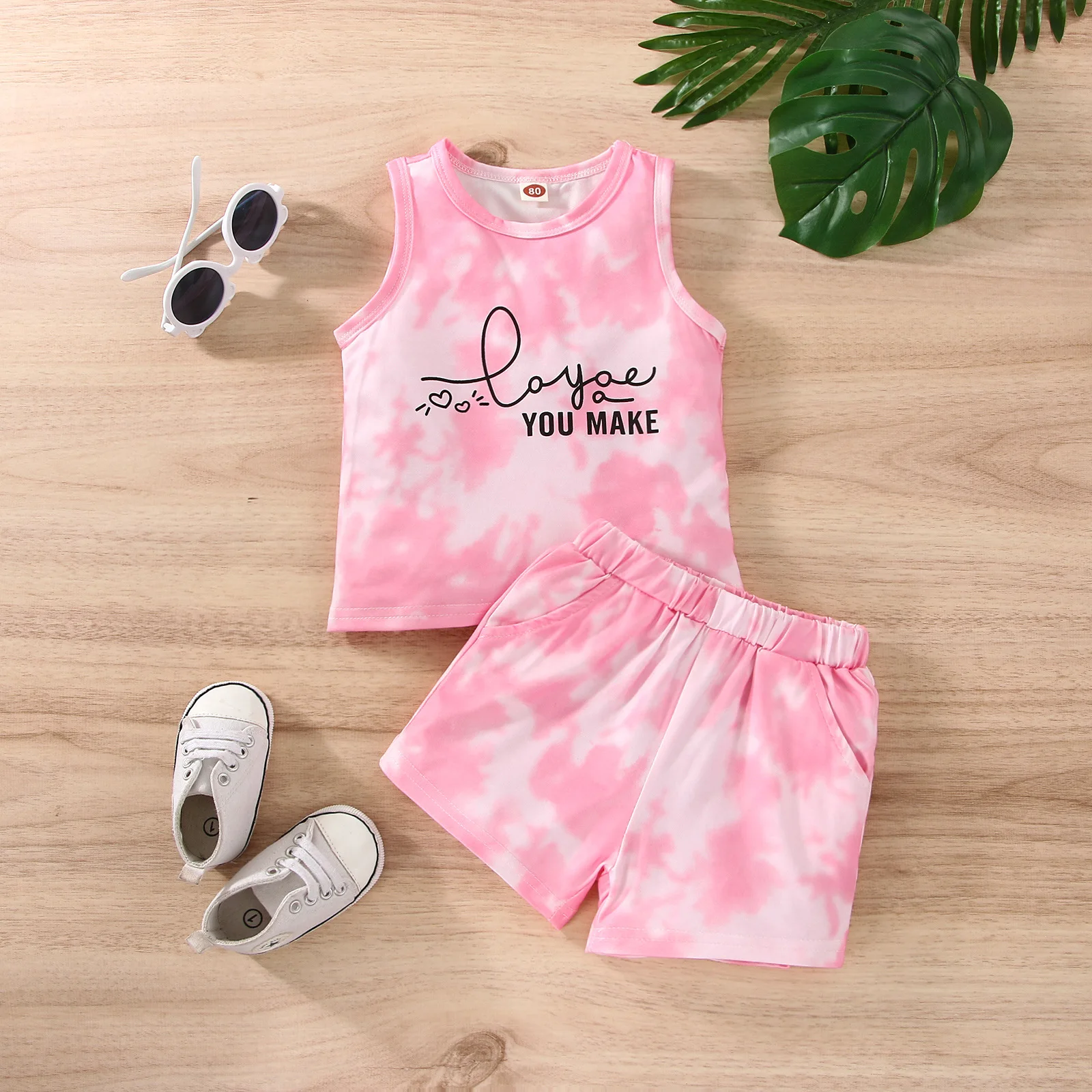 

Baby Girl Summer Clothes 2022 Casual Pink Tie Dyed Sleeveless Lettered Vest Tops and Shorts Two Piece Set Girls Boutique Outfits