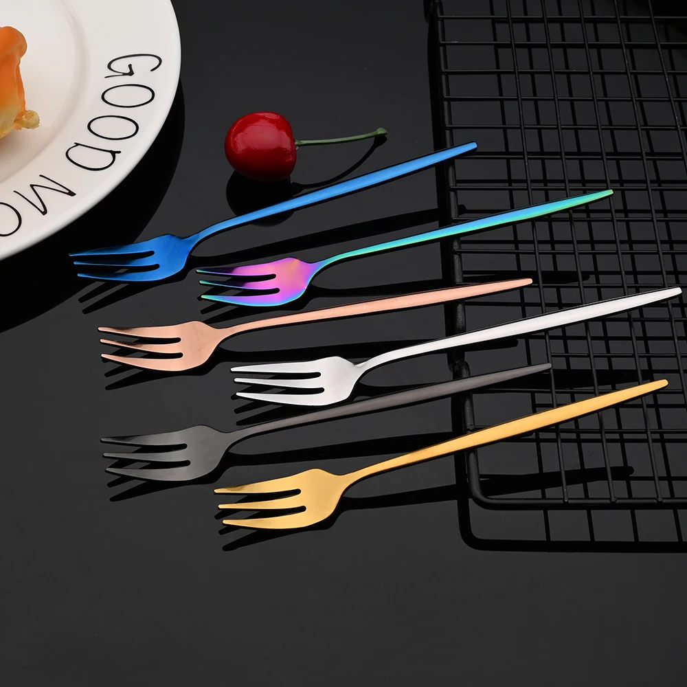 

6Pcs Coloful Fork Set Tea Cake Snack Forks Dinnerware Cutlery Mirror Stainless Steel Tableware Dessert Fruit Fork Silverware Set