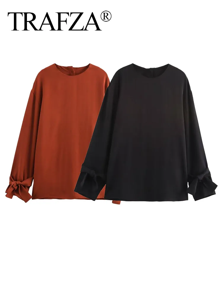 Женская Однотонная рубашка с длинным рукавом и круглым вырезом 2 цвета