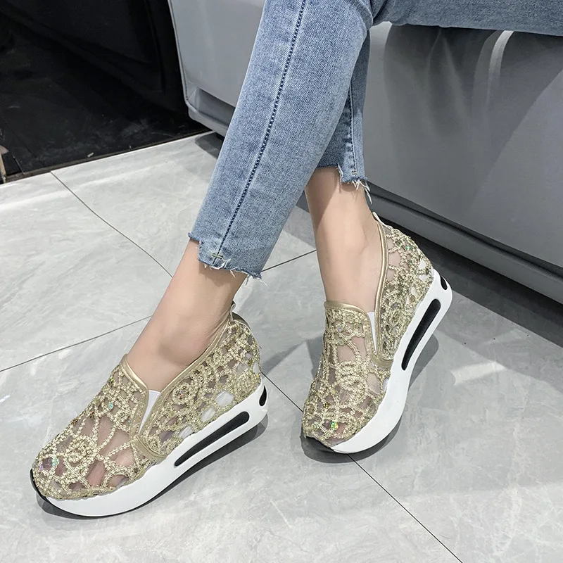 New Female Wedge Shoes Sequin Mesh Breathable Shoes Women Gold Platform Women Height Increasing Wedges Shoes Casual Large siz