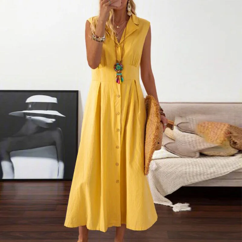 

Женское длинное платье из хлопка и льна, свободное повседневное элегантное модное платье с отложным воротником и пуговицами, лето 2023