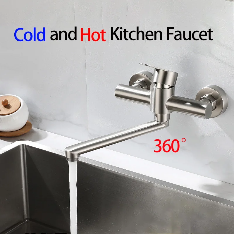 

Stainless Steel Kitchen Faucet Wall Mounted Bathroom Bathtub Tap Long Nose Outlet 360 Rotatable Sink Mixer Cranes Balcony Faucet